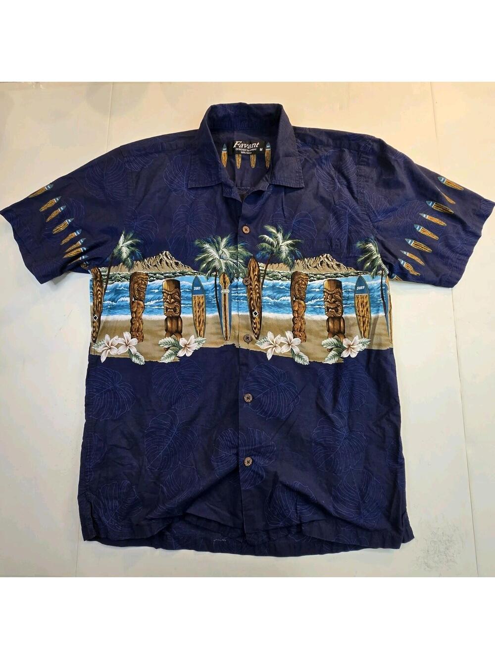 Favant Hawaiian Shirt Palm Tree and Tiki Print Size M Medium